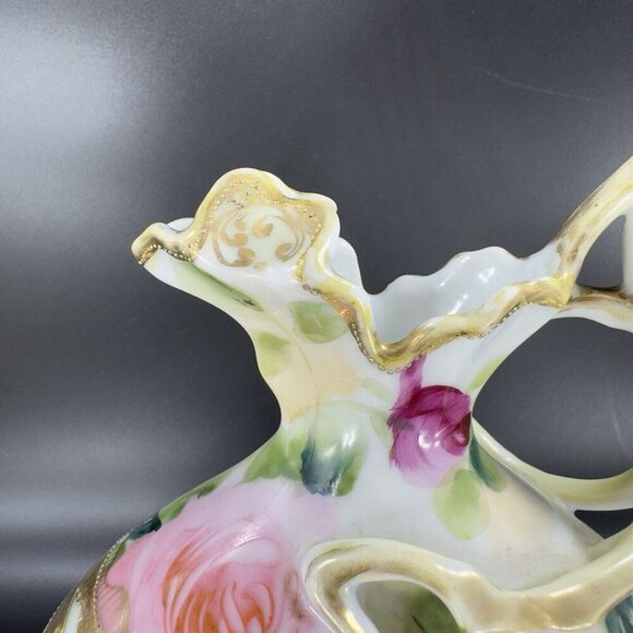 Antique Nippon Hand Painted Green Vase Pitcher Ewer Floral Gold Trim Porcelain - Picture 13 of 16